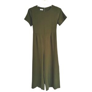 Women Olive Green Wide Leg Jumpsuit Tie Back Short Sleeve Crew Neck Medium